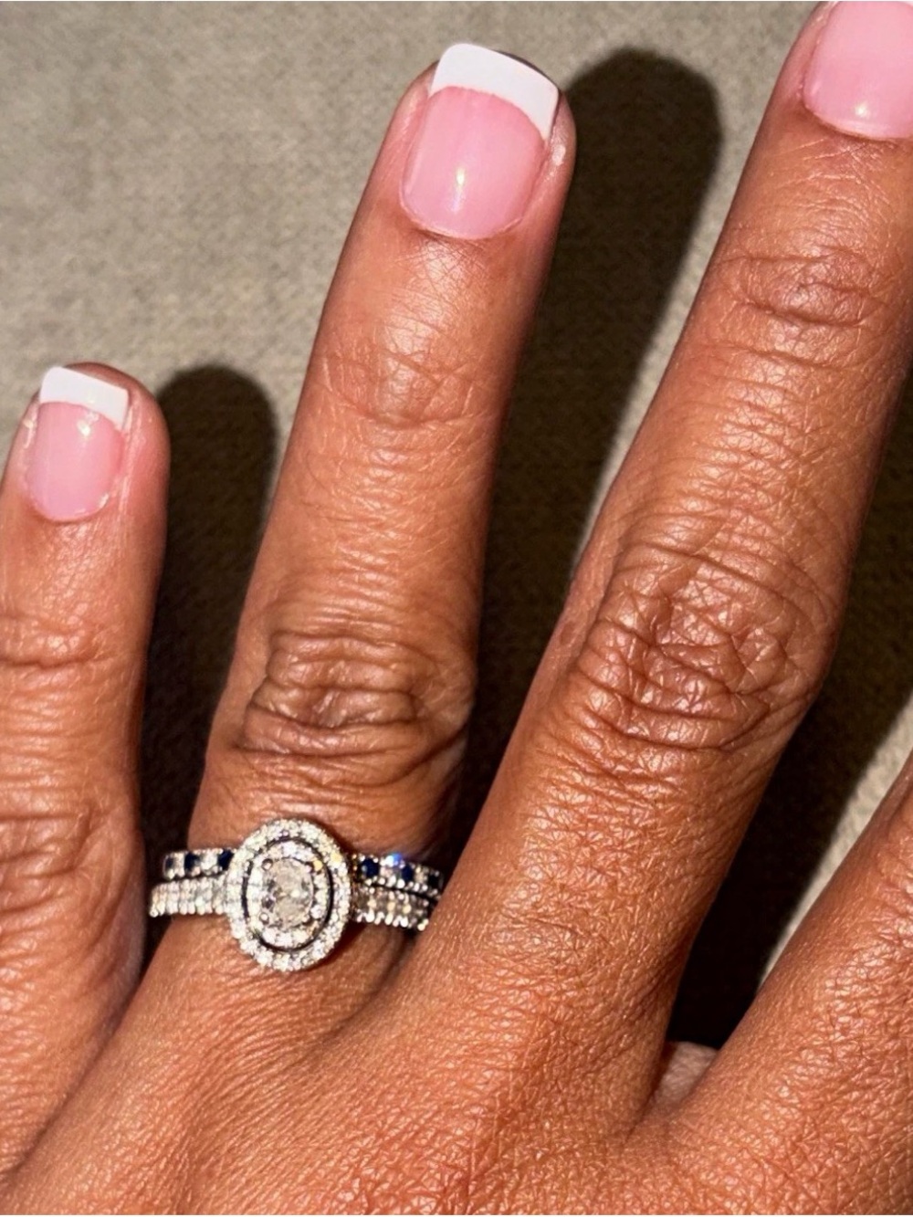 Vera Wang LOVE White Gold Oval Halo Engagement Ring Set with Sapphire.